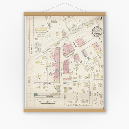 Old map wall art mockup — magnetic wood frame on white wall — Sanborn Fire Insurance Map from Marlin, Falls County, Texas (1885) - Complete Map Set