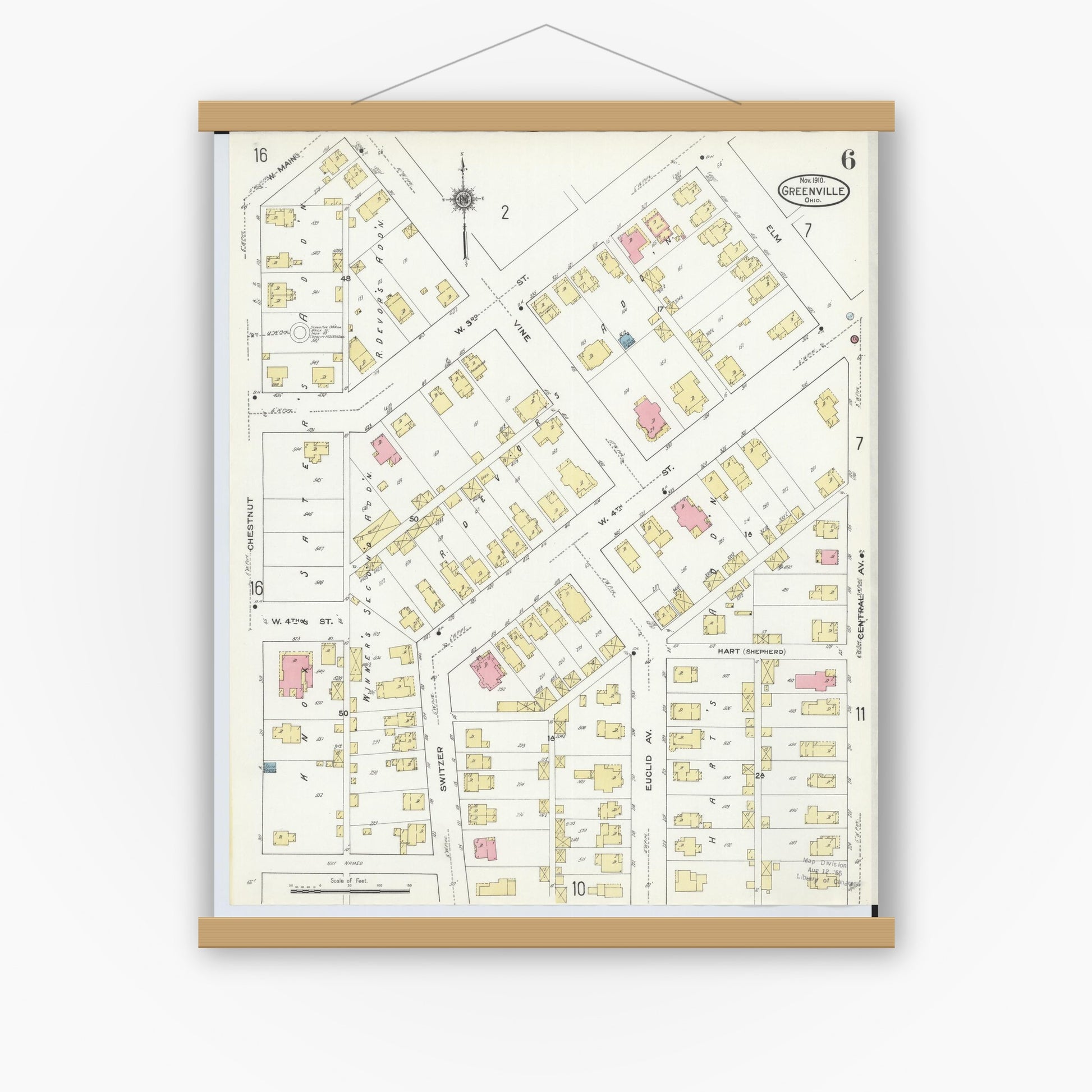 Old map wall art mockup — magnetic wood frame on white wall — Sanborn Fire Insurance Map from Greenville, Darke County, Ohio (1910), Sheet #0006