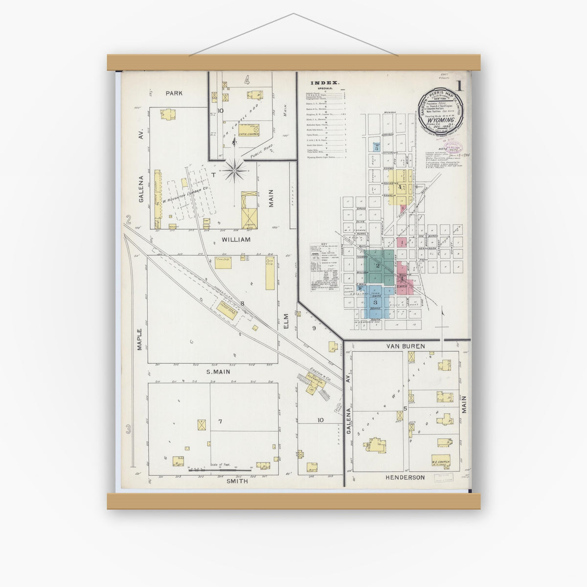 Old map wall art mockup — magnetic wood frame on white wall — Sanborn Fire Insurance Map from Wyoming, Stark County, Illinois (1893) - Complete Map Set