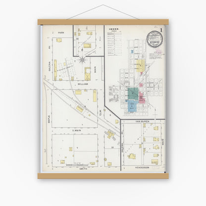 Old map wall art mockup — magnetic wood frame on white wall — Sanborn Fire Insurance Map from Wyoming, Stark County, Illinois (1893) - Complete Map Set