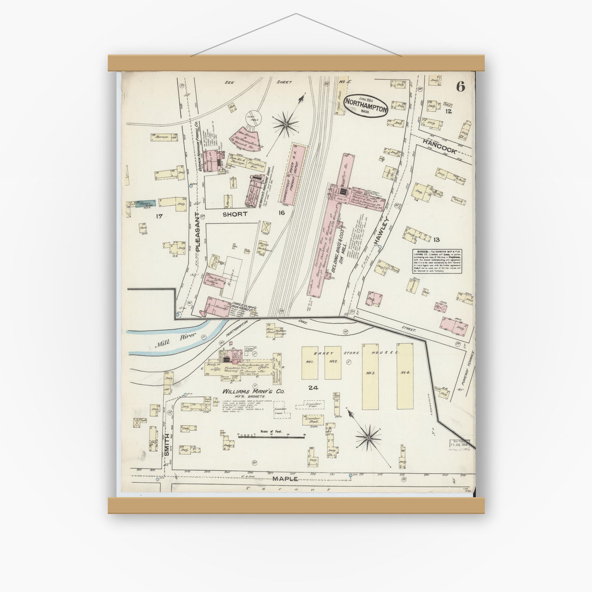 Old map wall art mockup — magnetic wood frame on white wall — Sanborn Fire Insurance Map from Northampton, Hampshire County, Massachusetts (1884), Sheet #0006