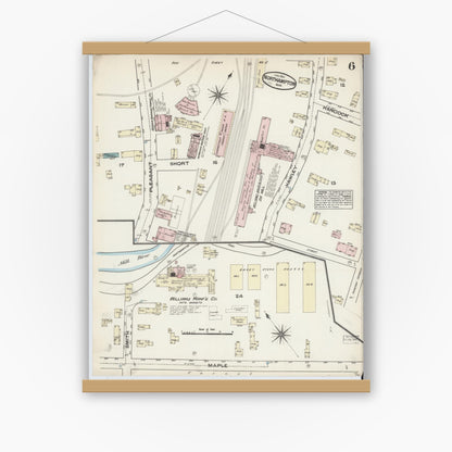 Old map wall art mockup — magnetic wood frame on white wall — Sanborn Fire Insurance Map from Northampton, Hampshire County, Massachusetts (1884), Sheet #0006