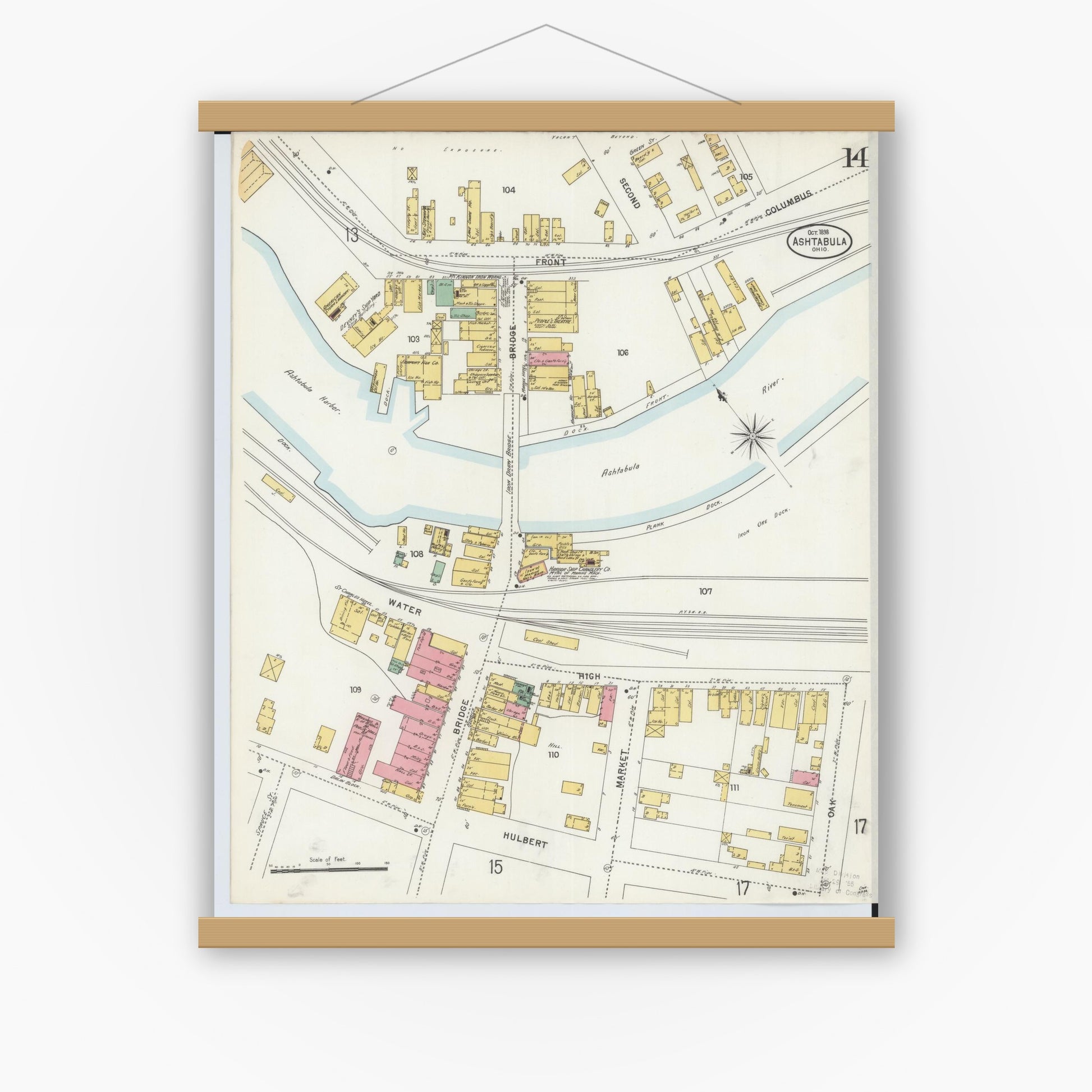 Old map wall art mockup — magnetic wood frame on white wall — Sanborn Fire Insurance Map from Ashtabula, Ashtabula County, Ohio (1898), Sheet #0014