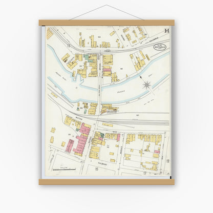Old map wall art mockup — magnetic wood frame on white wall — Sanborn Fire Insurance Map from Ashtabula, Ashtabula County, Ohio (1898), Sheet #0014