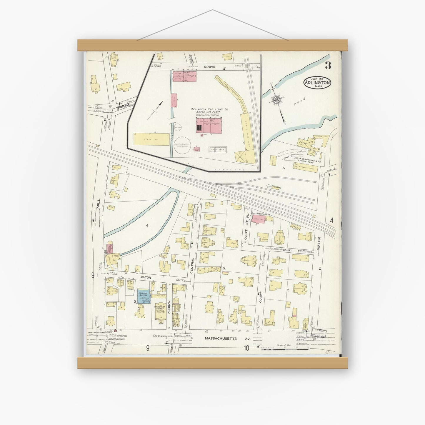 Old map wall art mockup — magnetic wood frame on white wall — Sanborn Fire Insurance Map from Arlington, Middlesex County, Massachusetts (1914), Sheet #0003