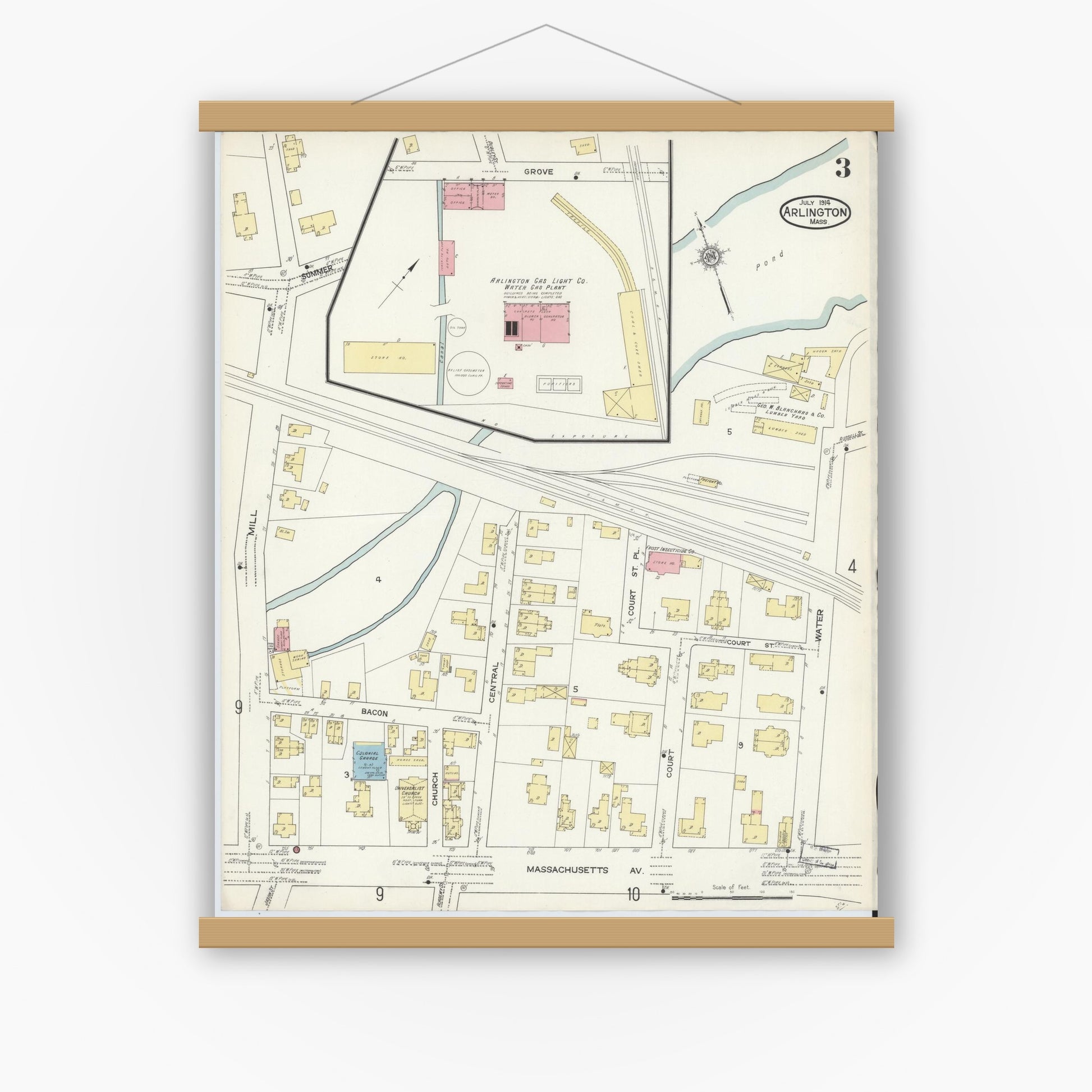 Old map wall art mockup — magnetic wood frame on white wall — Sanborn Fire Insurance Map from Arlington, Middlesex County, Massachusetts (1914), Sheet #0003
