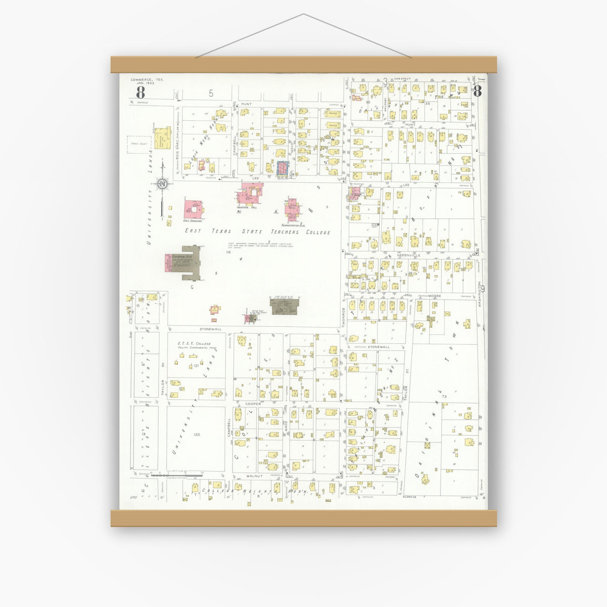 Old map wall art mockup — magnetic wood frame on white wall — Sanborn Fire Insurance Map from Commerce, Hunt County, Texas (1933), Sheet #0008