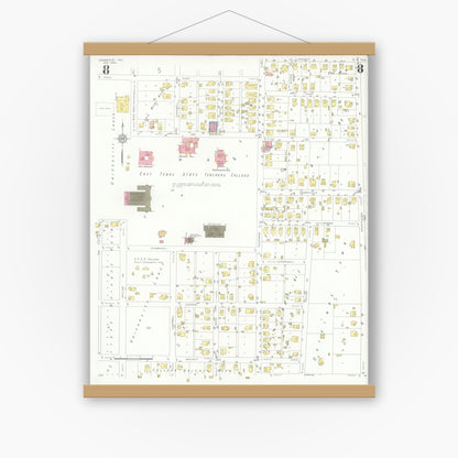 Old map wall art mockup — magnetic wood frame on white wall — Sanborn Fire Insurance Map from Commerce, Hunt County, Texas (1933), Sheet #0008