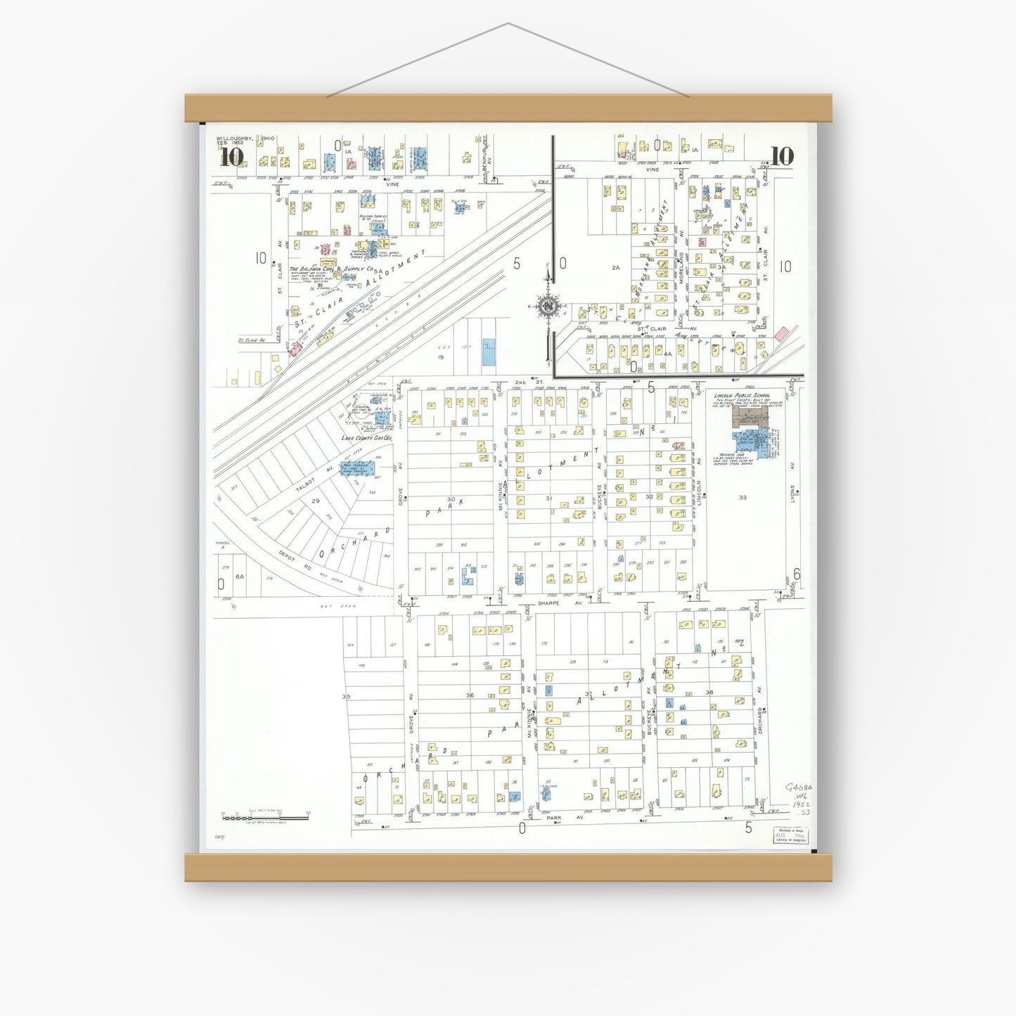Old map wall art mockup — magnetic wood frame on white wall — Sanborn Fire Insurance Map from Willoughby, Lake County, Ohio (1952), Sheet #0010