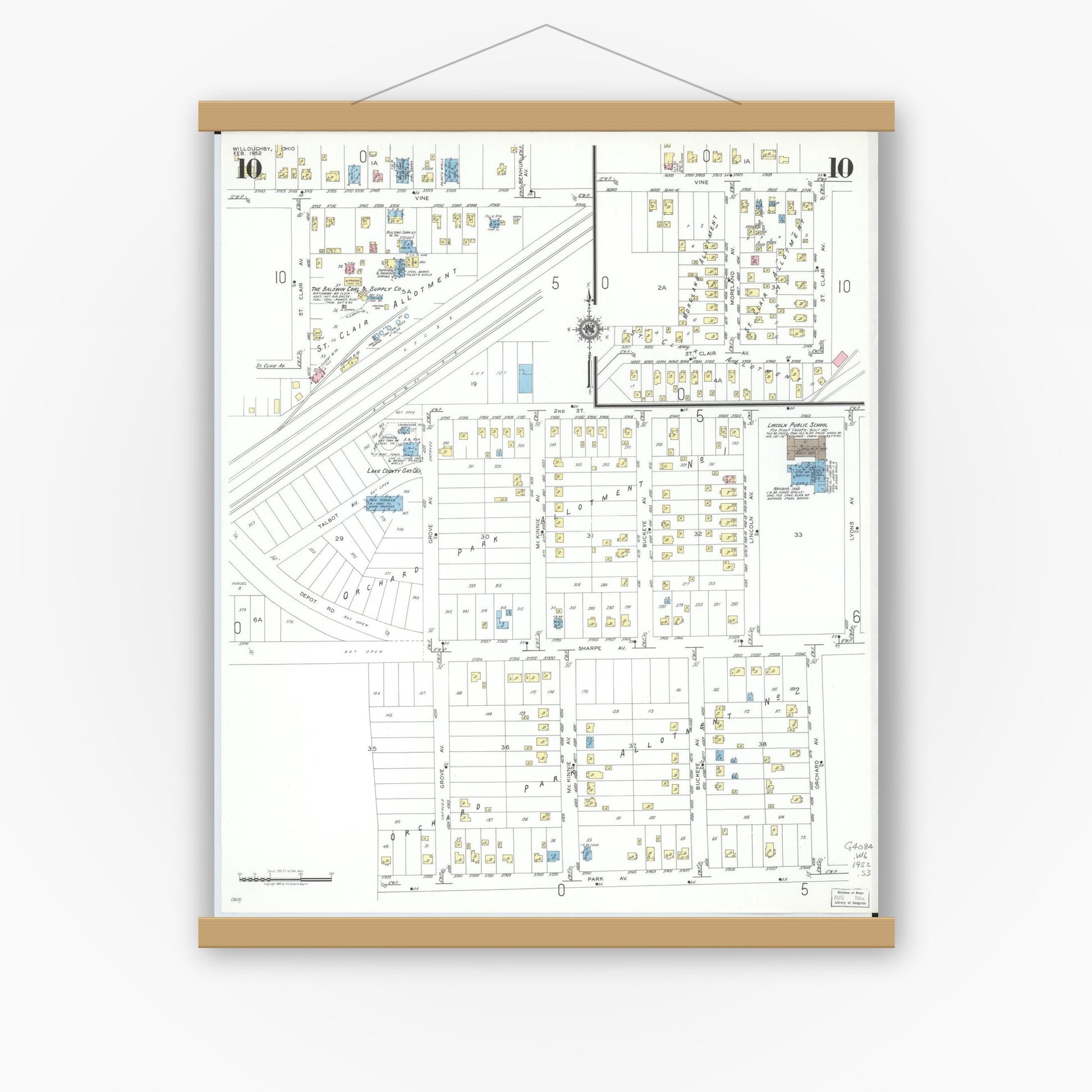 Old map wall art mockup — magnetic wood frame on white wall — Sanborn Fire Insurance Map from Willoughby, Lake County, Ohio (1952), Sheet #0010