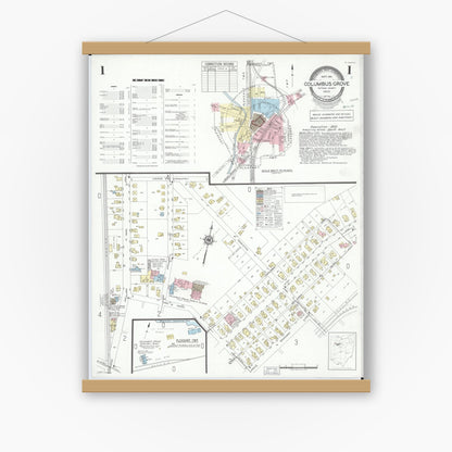 Old map wall art mockup — magnetic wood frame on white wall — Sanborn Fire Insurance Map from Columbus Grove, Putnam County, Ohio (1951) - Complete Map Set
