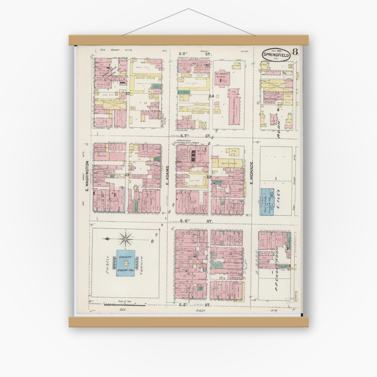 Old map wall art mockup — magnetic wood frame on white wall — Sanborn Fire Insurance Map from Springfield, Sangamon County, Illinois (1890), Sheet #0008