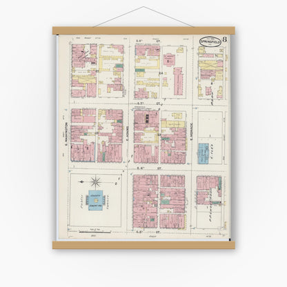 Old map wall art mockup — magnetic wood frame on white wall — Sanborn Fire Insurance Map from Springfield, Sangamon County, Illinois (1890), Sheet #0008