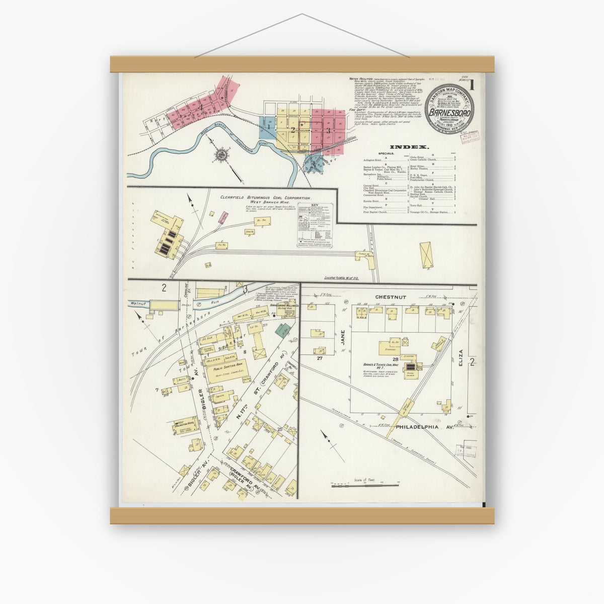 Old map wall art mockup — magnetic wood frame on white wall — Sanborn Fire Insurance Map from Barnesboro, Cambria County, Pennsylvania (1910), Sheet #0001