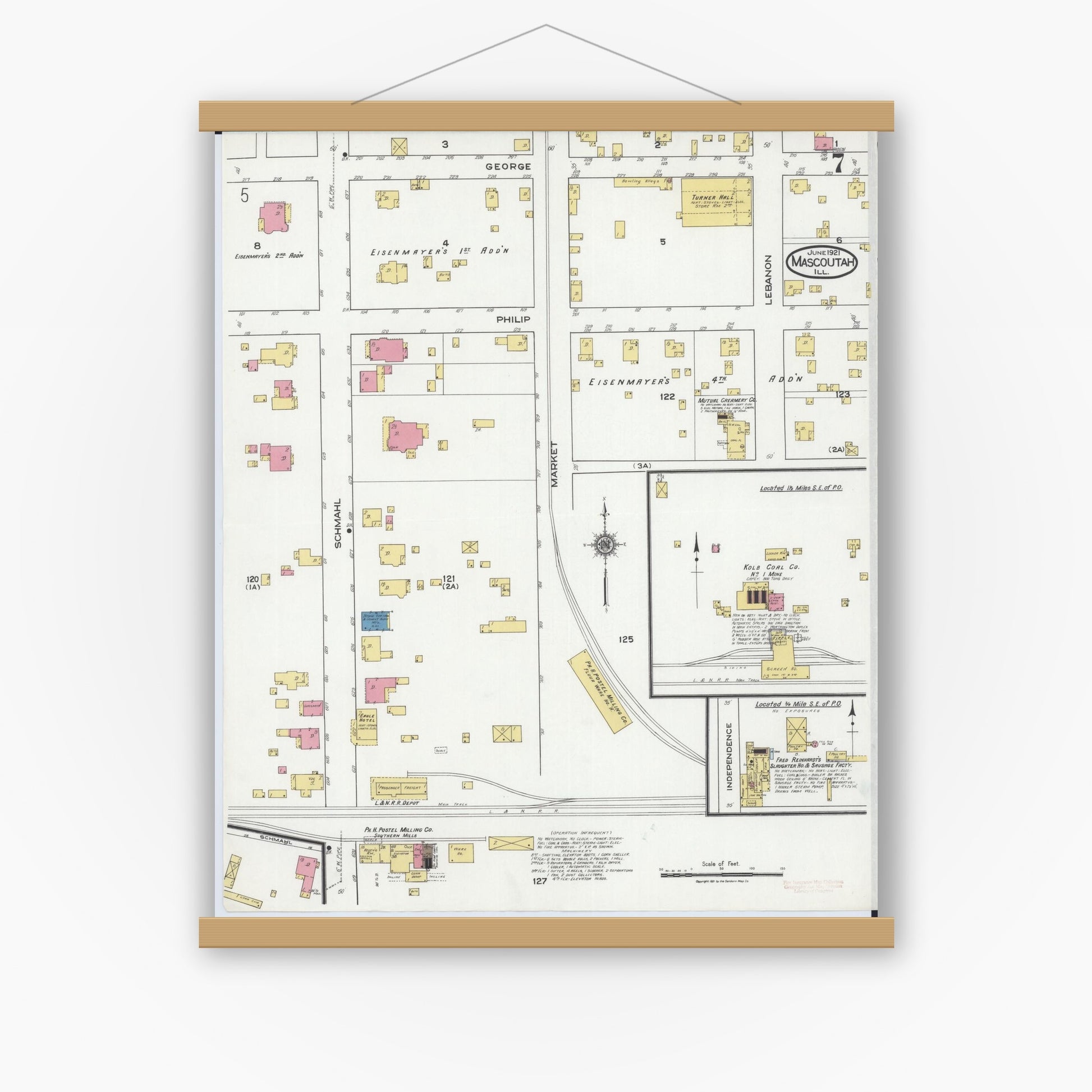 Old map wall art mockup — magnetic wood frame on white wall — Sanborn Fire Insurance Map from Mascoutah, Saint Clair County, Illinois (1921), Sheet #0007