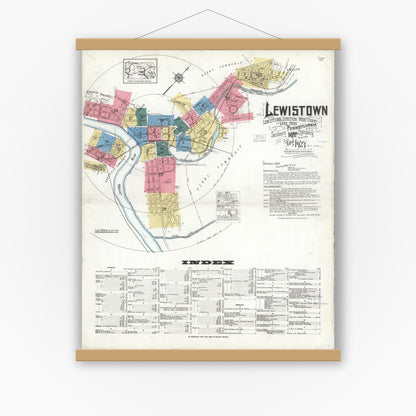 Old map wall art mockup — magnetic wood frame on white wall — Sanborn Fire Insurance Map from Lewistown, Mifflin County, Pennsylvania (1923) - Complete Map Set