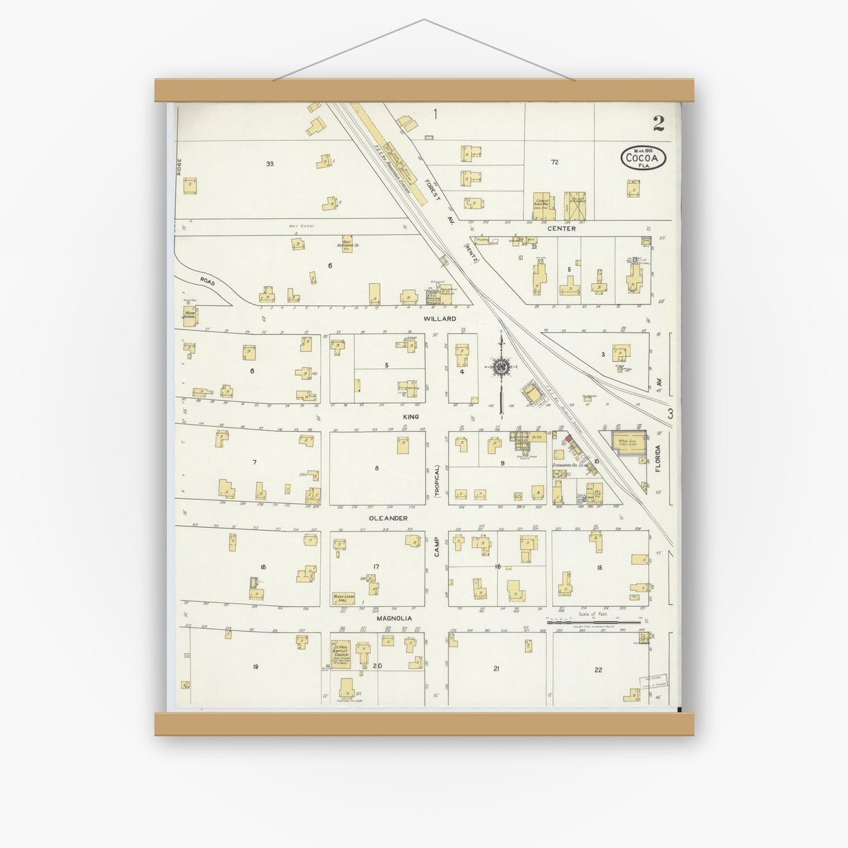 Old map wall art mockup — magnetic wood frame on white wall — Sanborn Fire Insurance Map from Cocoa, Brevard County, Florida (1919), Sheet #0002