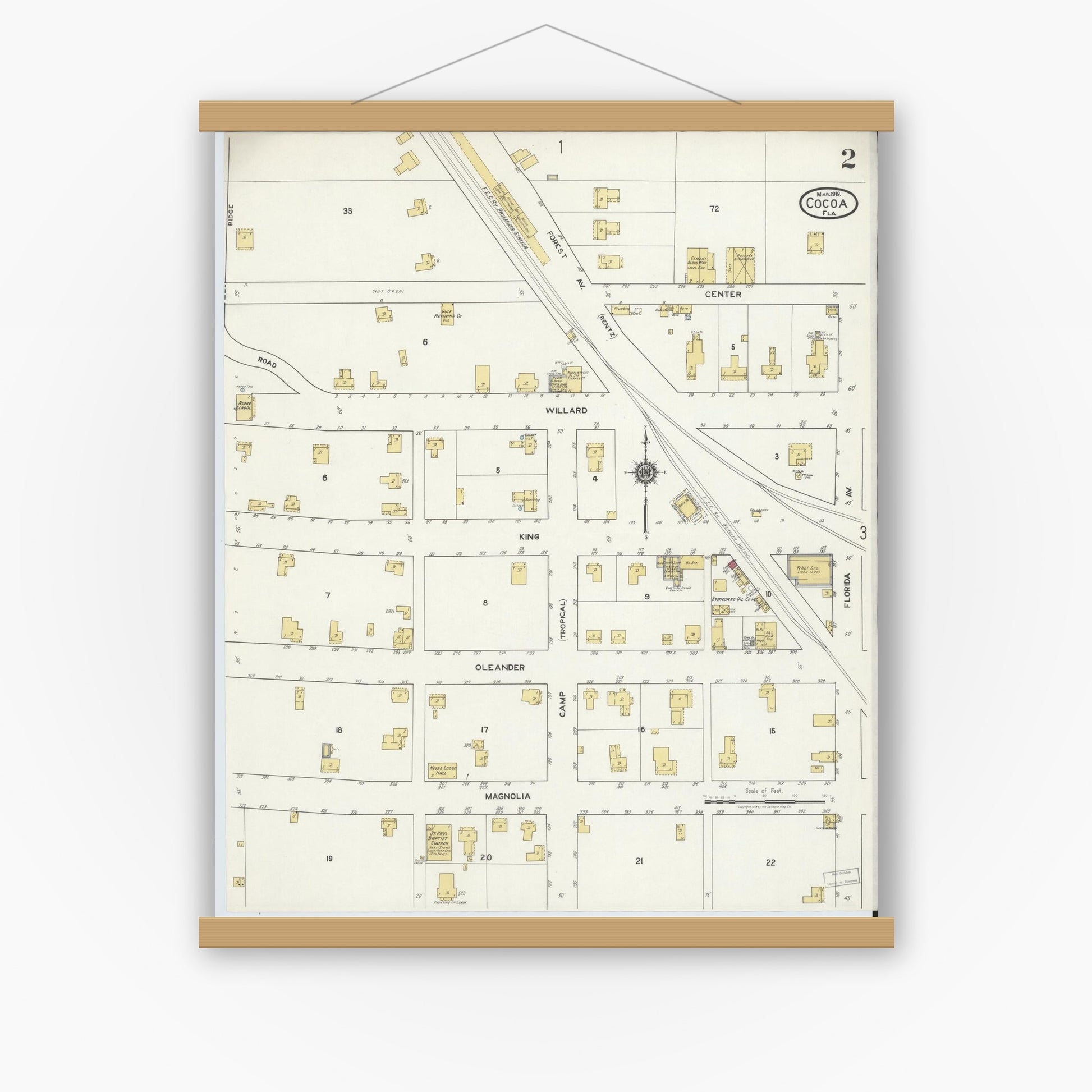 Old map wall art mockup — magnetic wood frame on white wall — Sanborn Fire Insurance Map from Cocoa, Brevard County, Florida (1919), Sheet #0002