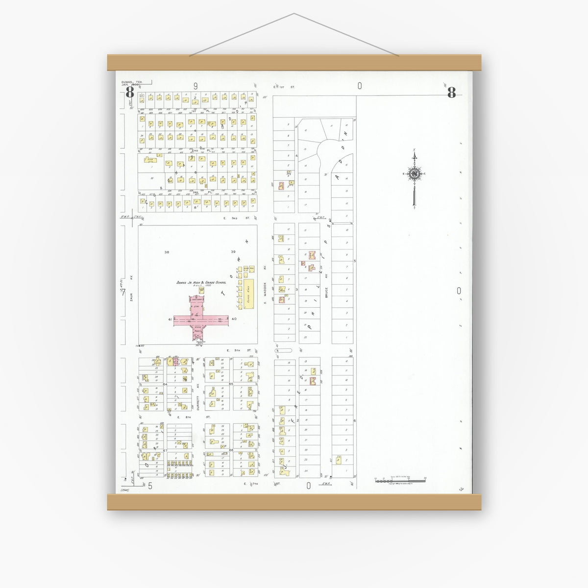 Old map wall art mockup — magnetic wood frame on white wall — Sanborn Fire Insurance Map from Dumas, Moore County, Texas (1950), Sheet #0008