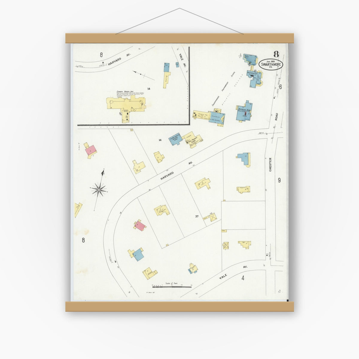 Old map wall art mockup — magnetic wood frame on white wall — Sanborn Fire Insurance Map from Swarthmore, Delaware County, Pennsylvania (1909), Sheet #0008