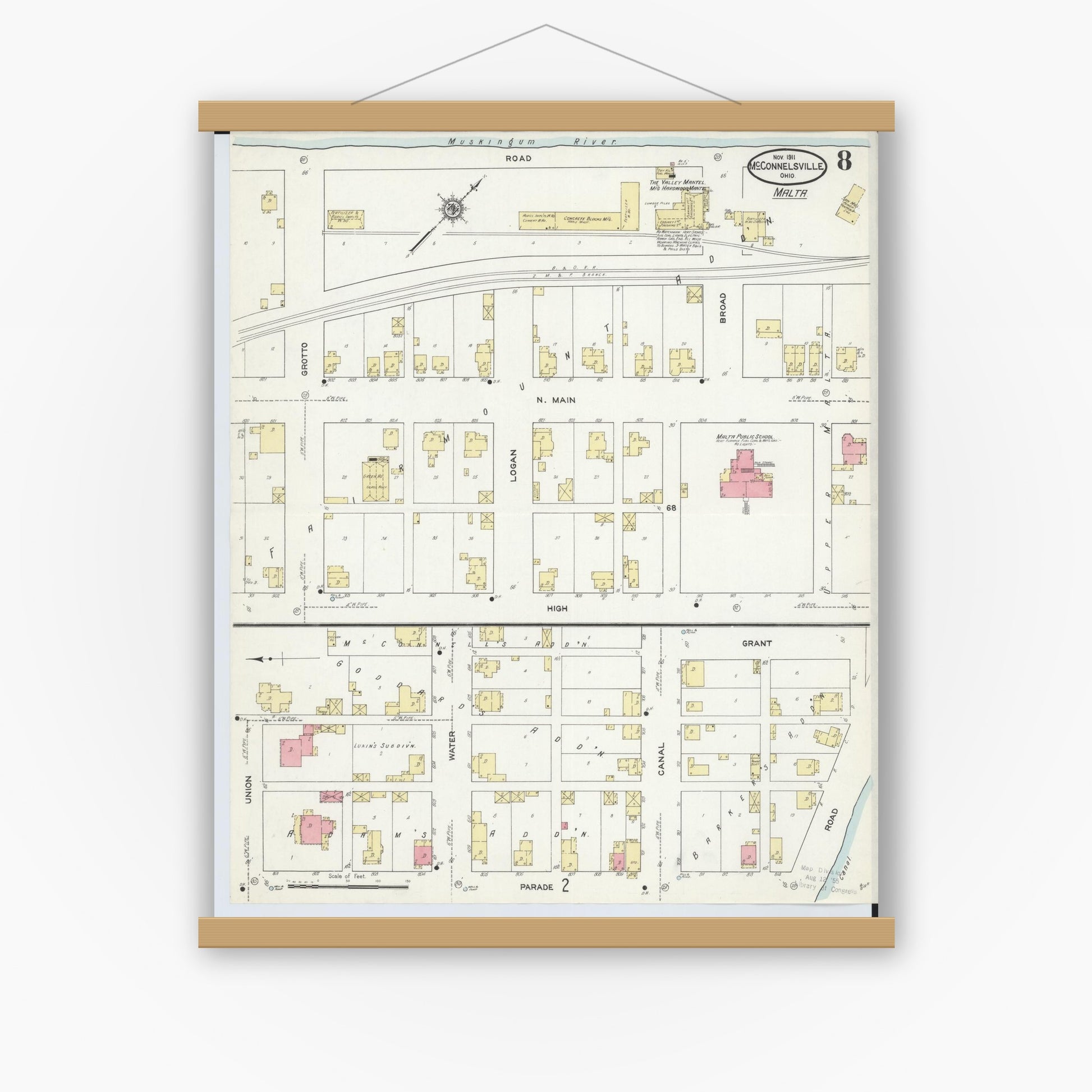 Old map wall art mockup — magnetic wood frame on white wall — Sanborn Fire Insurance Map from McConnelsville, Morgan County, Ohio (1911), Sheet #0008
