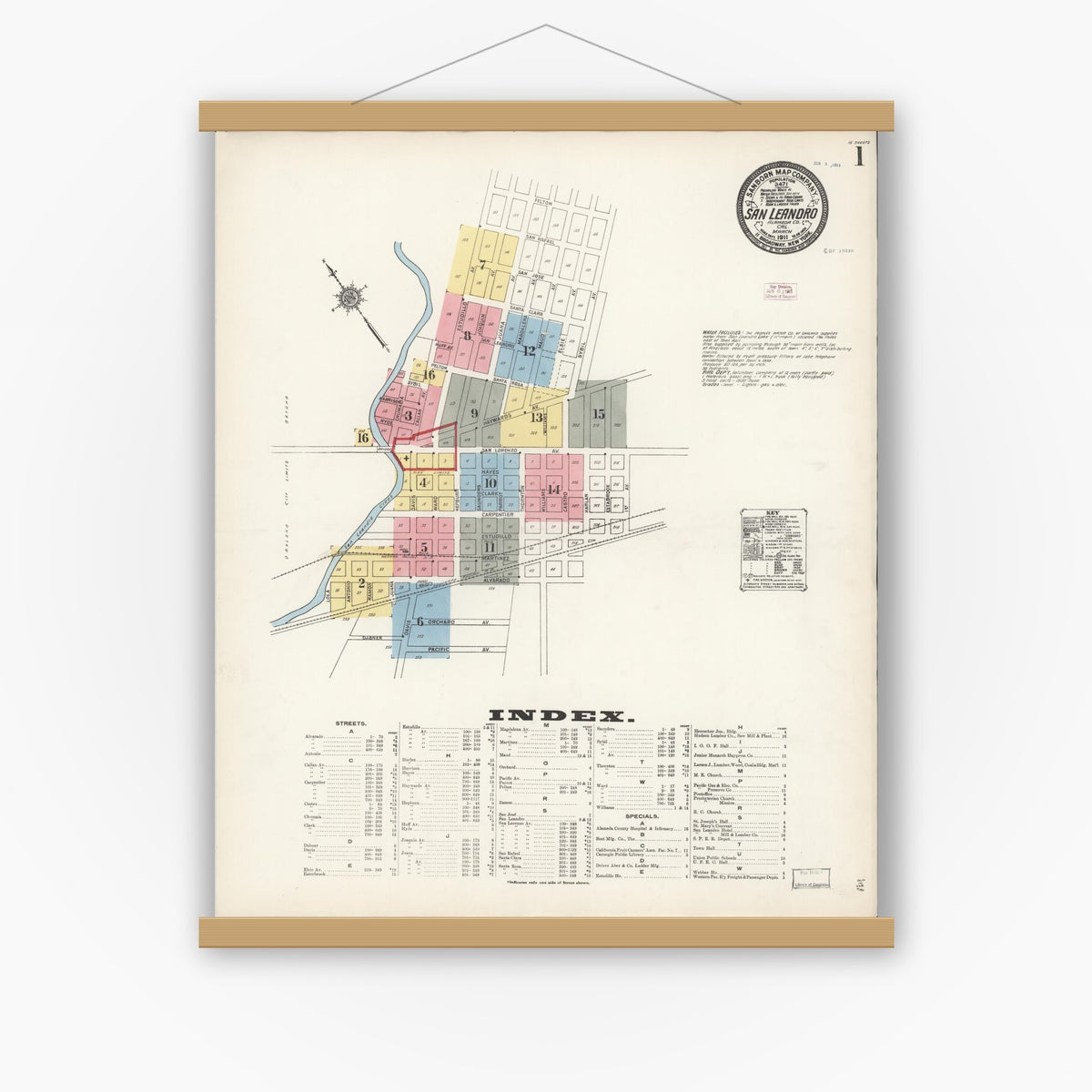Old map wall art mockup — magnetic wood frame on white wall — Sanborn Fire Insurance Map from San Leandro, Alameda County, California (1911) - Complete Map Set