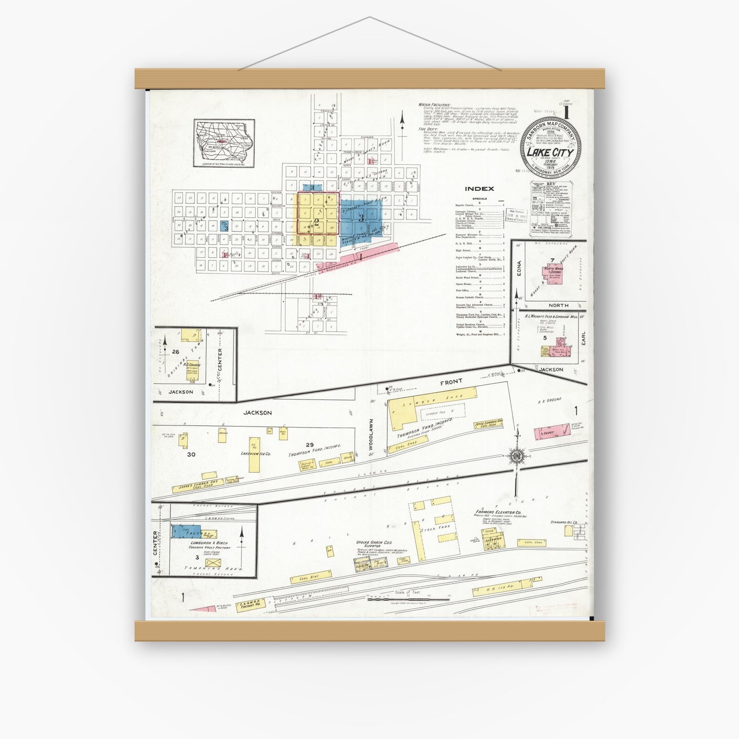 Old map wall art mockup — magnetic wood frame on white wall — Sanborn Fire Insurance Map from Lake City, Calhoun County, Iowa (1919) â€” Complete Set