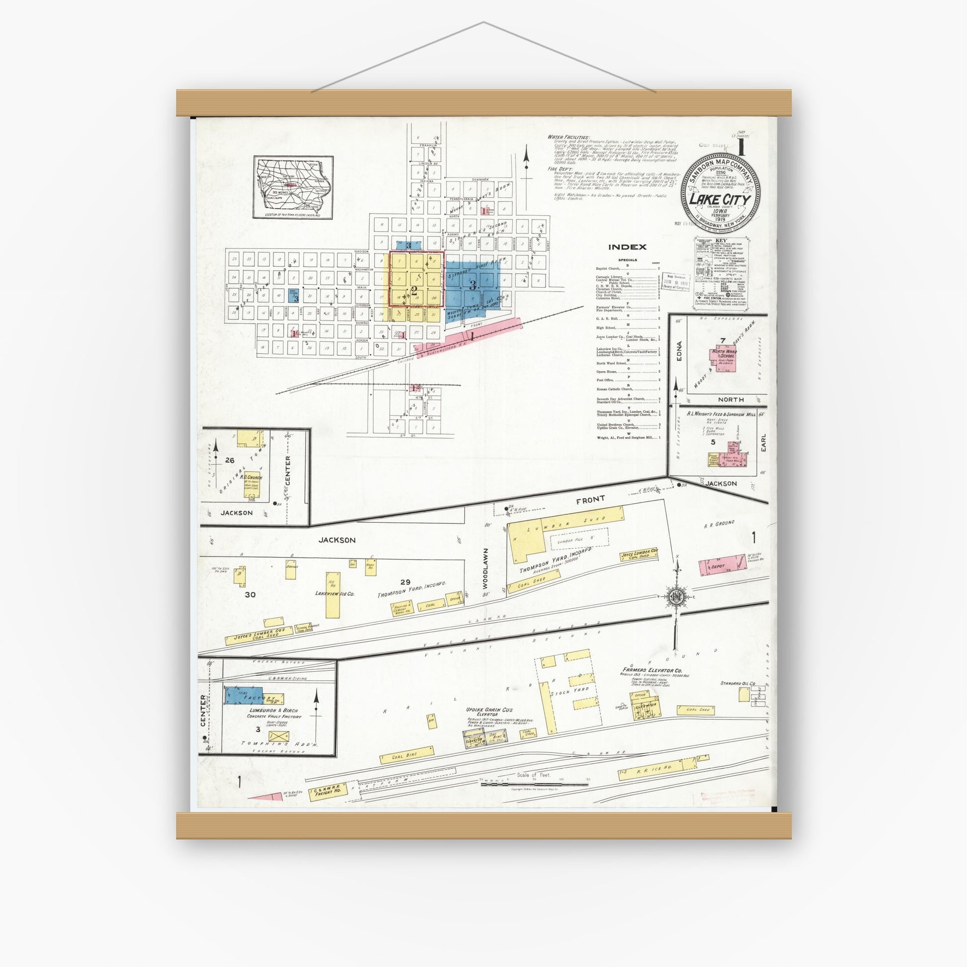 Old map wall art mockup — magnetic wood frame on white wall — Sanborn Fire Insurance Map from Lake City, Calhoun County, Iowa (1919) â€” Complete Set