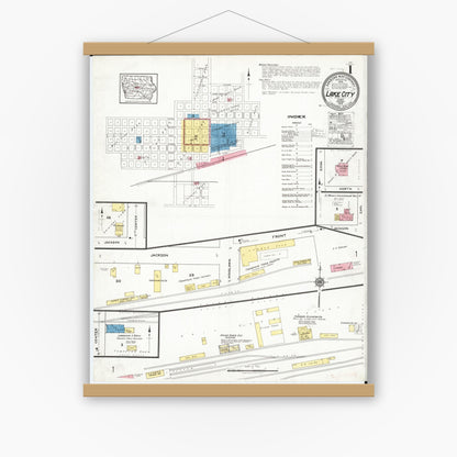 Old map wall art mockup — magnetic wood frame on white wall — Sanborn Fire Insurance Map from Lake City, Calhoun County, Iowa (1919) â€” Complete Set