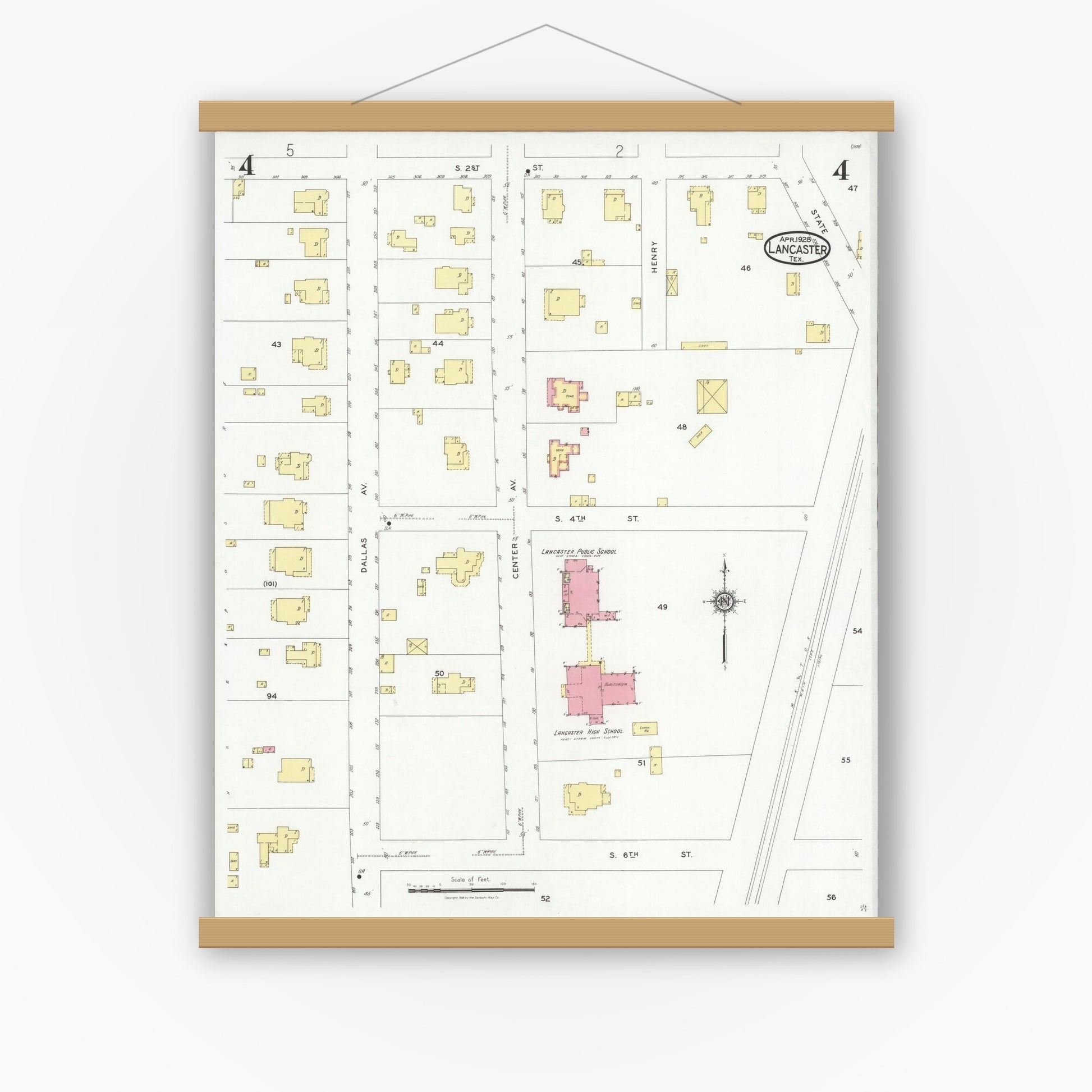Old map wall art mockup — magnetic wood frame on white wall — Sanborn Fire Insurance Map from Lancaster, Dallas County, Texas (1928), Sheet #0004