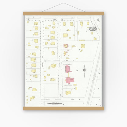 Old map wall art mockup — magnetic wood frame on white wall — Sanborn Fire Insurance Map from Lancaster, Dallas County, Texas (1928), Sheet #0004
