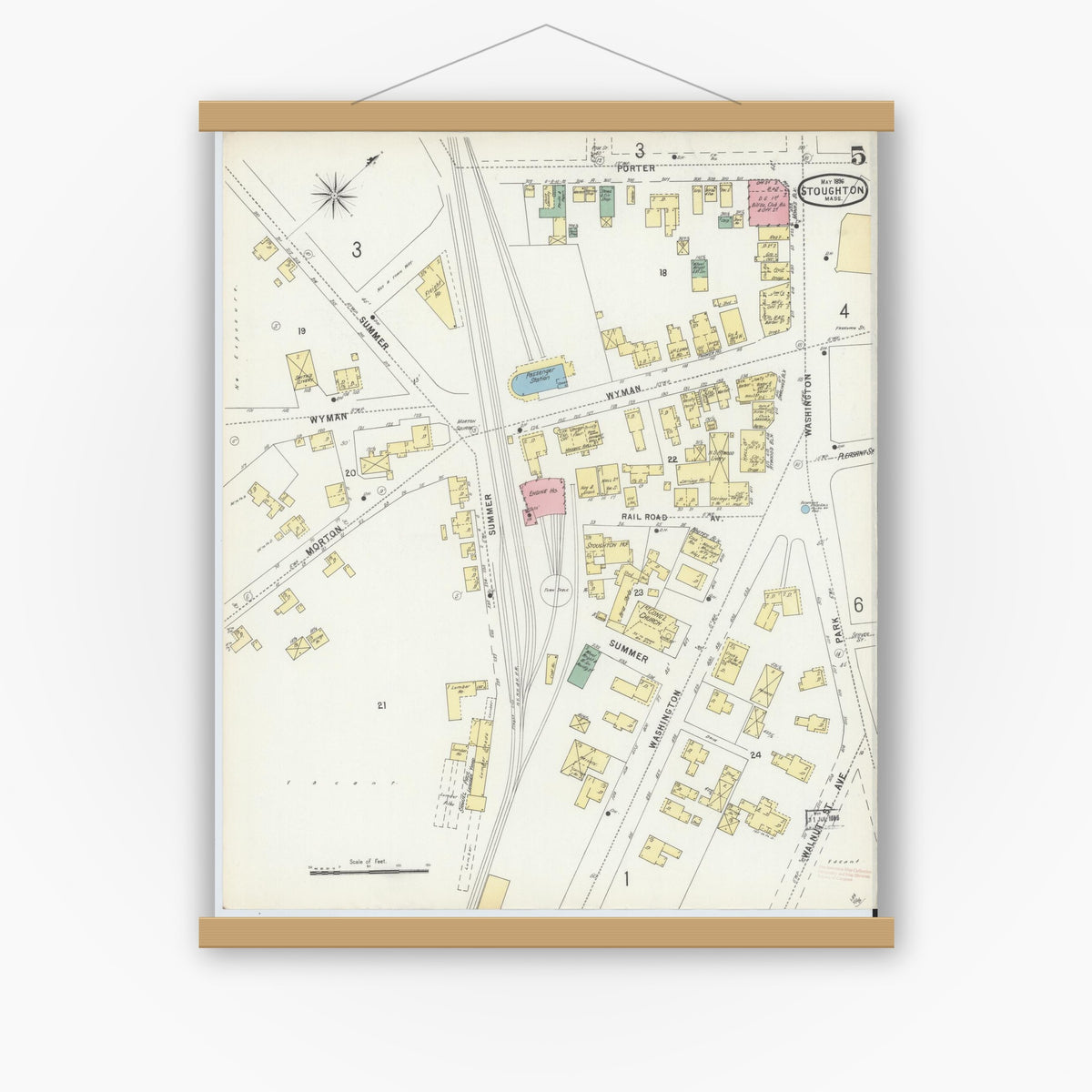 Old map wall art mockup — magnetic wood frame on white wall — Sanborn Fire Insurance Map from Stoughton, Norfolk County, Massachusetts (1896), Sheet #0005