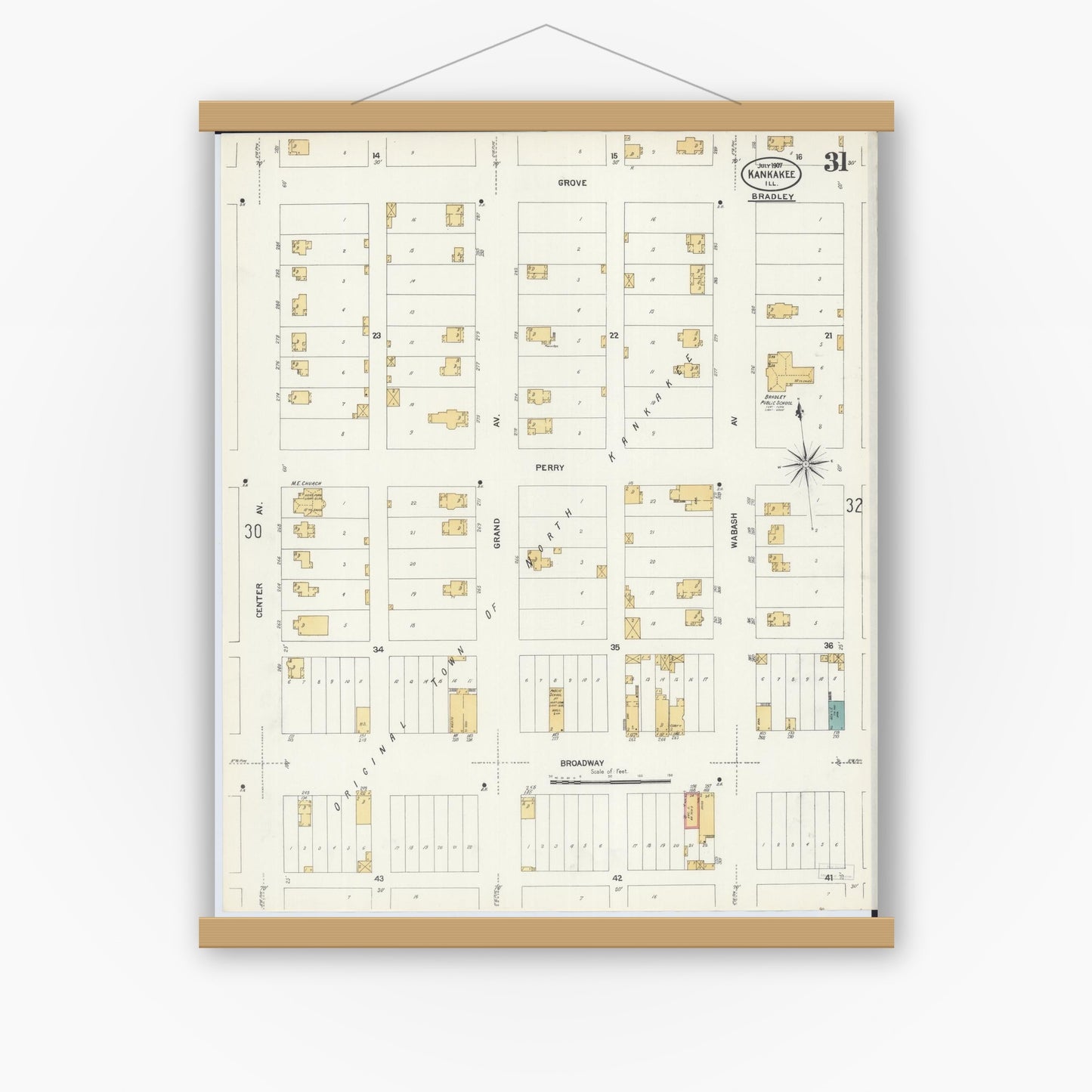 Old map wall art mockup — magnetic wood frame on white wall — Sanborn Fire Insurance Map from Kankakee, Kankakee County, Illinois (1907), Sheet #0031