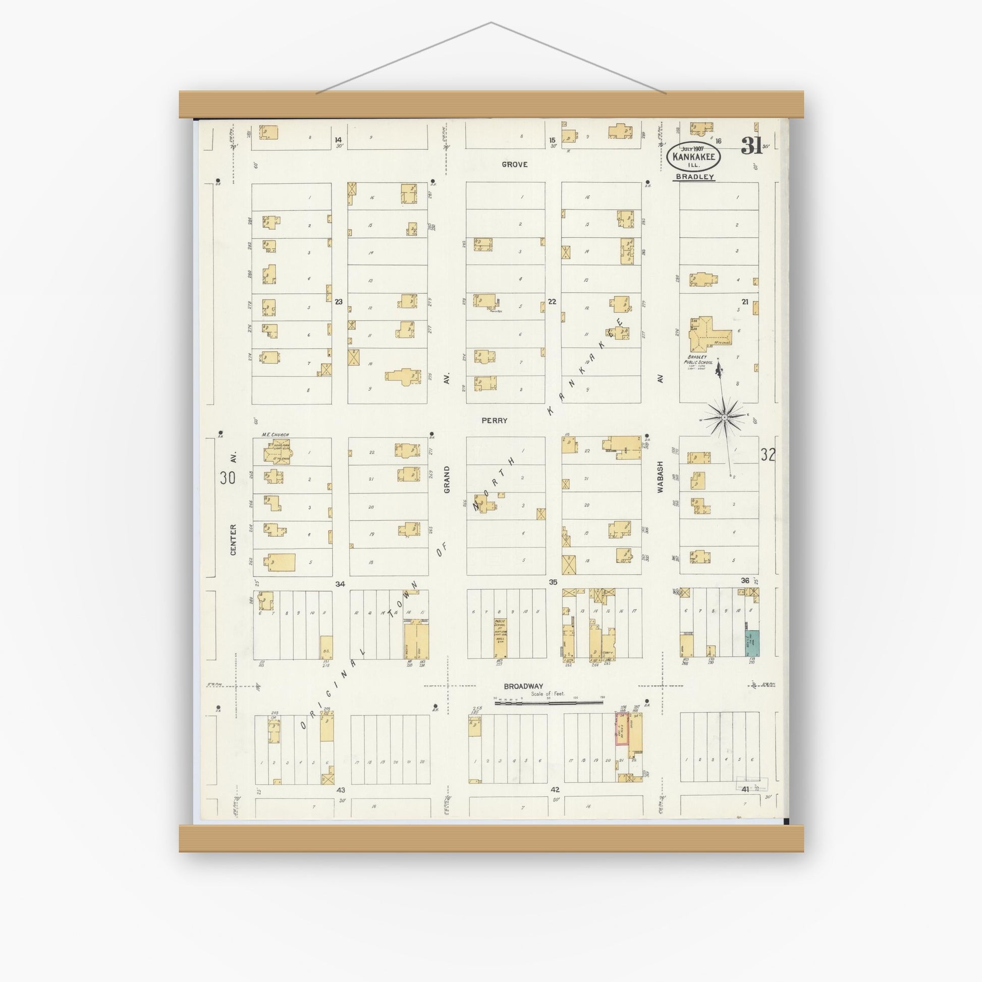 Old map wall art mockup — magnetic wood frame on white wall — Sanborn Fire Insurance Map from Kankakee, Kankakee County, Illinois (1907), Sheet #0031