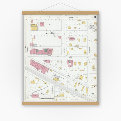 Old map wall art mockup — magnetic wood frame on white wall — Sanborn Fire Insurance Map from Chenoa, McLean County, Illinois (1901), Sheet #0003