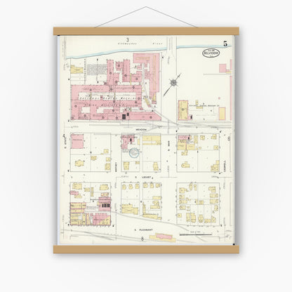 Old map wall art mockup — magnetic wood frame on white wall — Sanborn Fire Insurance Map from Belvidere, Boone County, Illinois (1912), Sheet #0005