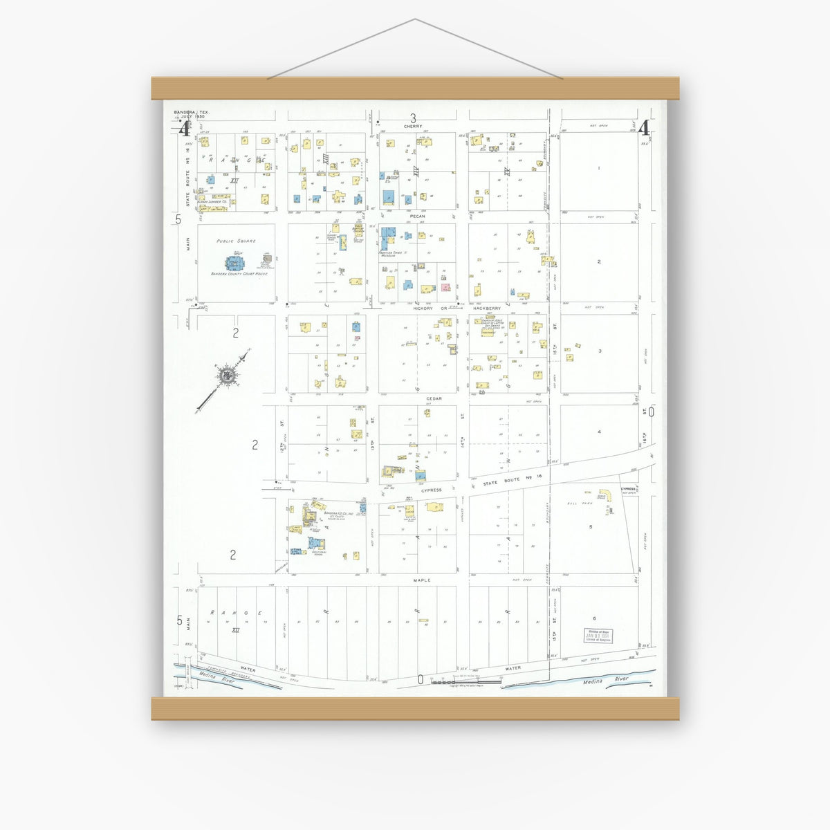 Old map wall art mockup — magnetic wood frame on white wall — Sanborn Fire Insurance Map from Bandera, Bandera County, Texas (1950), Sheet #0004
