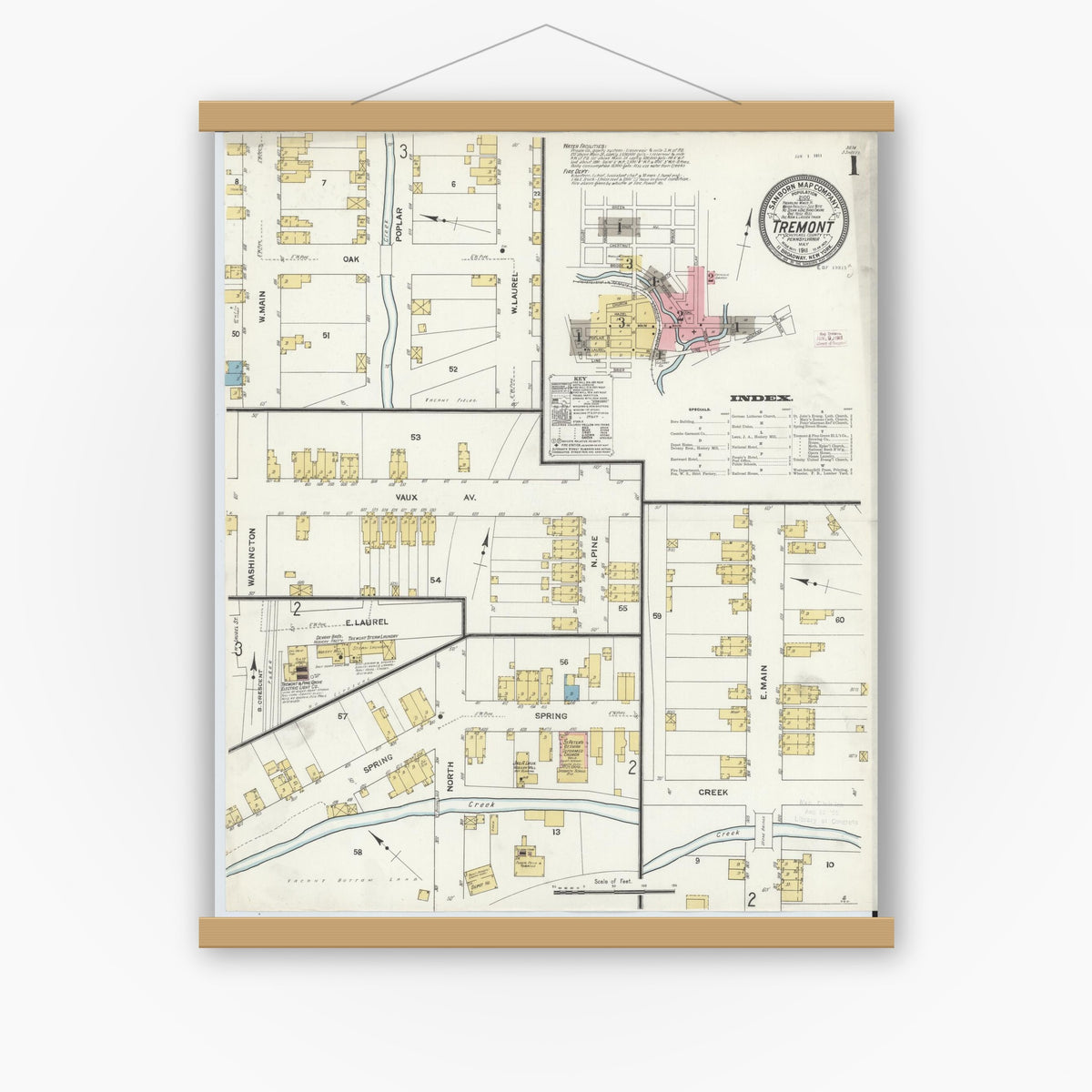 Old map wall art mockup — magnetic wood frame on white wall — Sanborn Fire Insurance Map from Tremont, Schuylkill County, Pennsylvania (1911), Sheet #0001