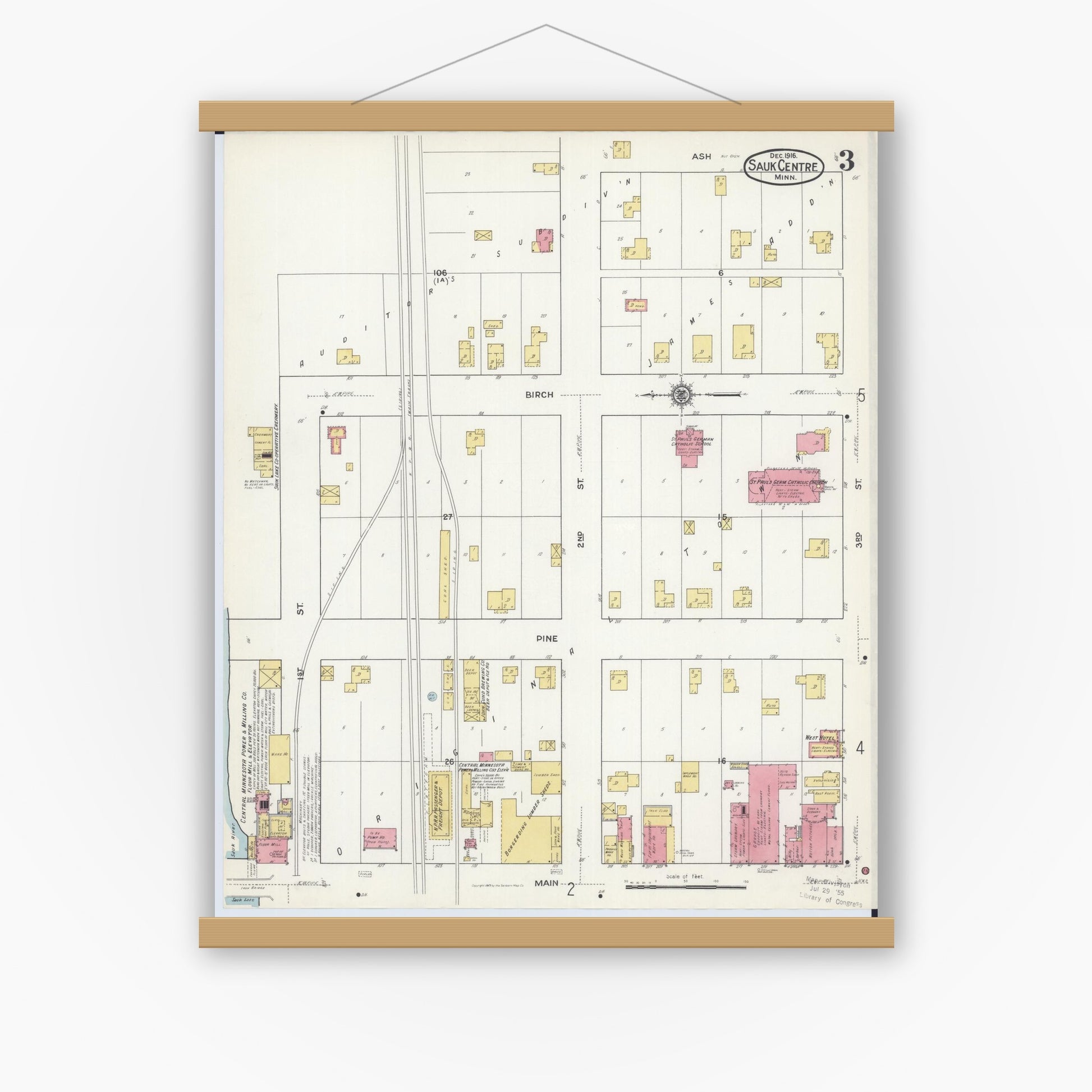 Old map wall art mockup — magnetic wood frame on white wall — Sanborn Fire Insurance Map from Sauk Centre, Stearns County, Minnesota (1916), Sheet #0003