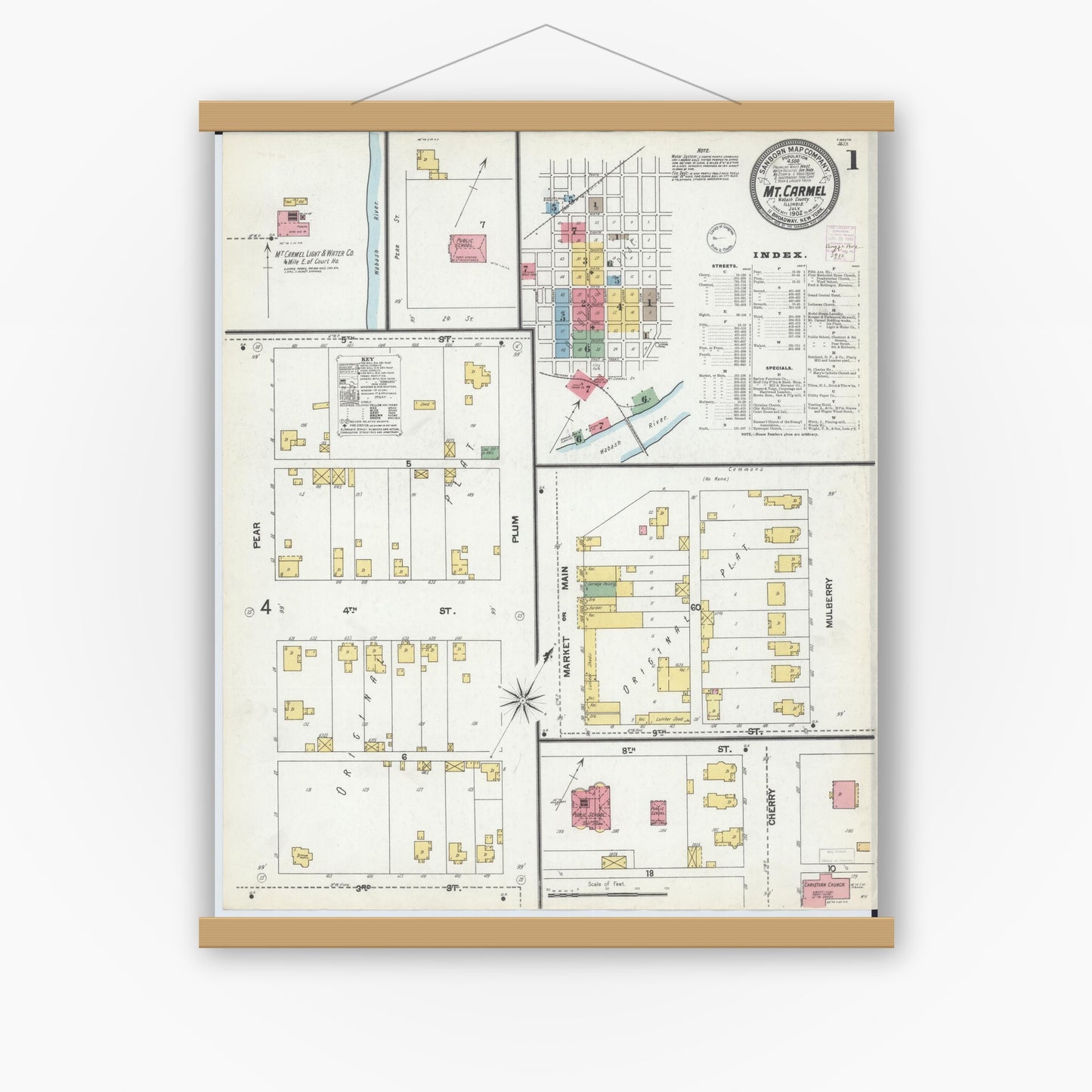 Old map wall art mockup — magnetic wood frame on white wall — Sanborn Fire Insurance Map from Mount Carmel, Wabash County, Illinois (1902) - Complete Map Set