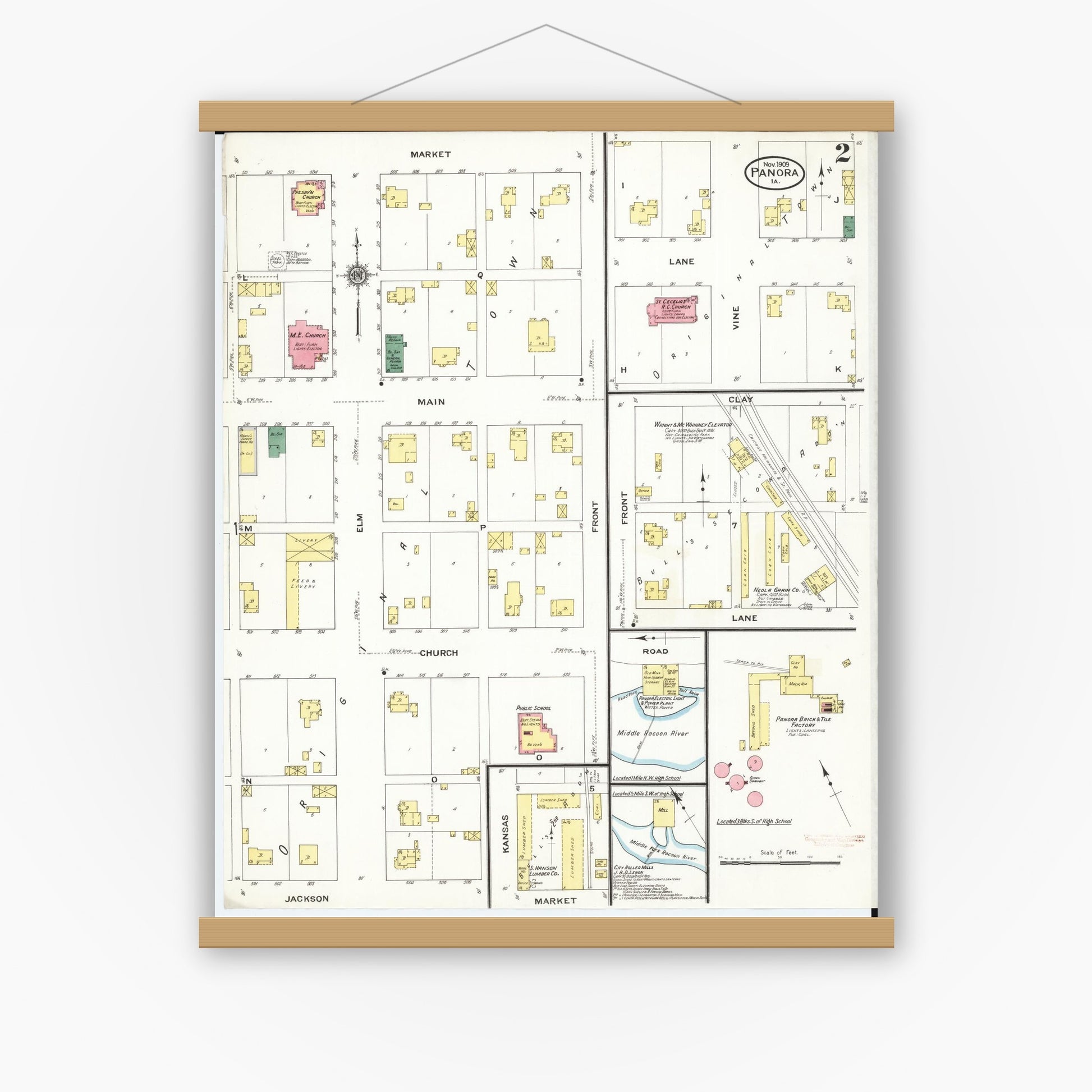 Old map wall art mockup — magnetic wood frame on white wall — Sanborn Fire Insurance Map from Panora, Guthrie County, Iowa (1909), Sheet #0002