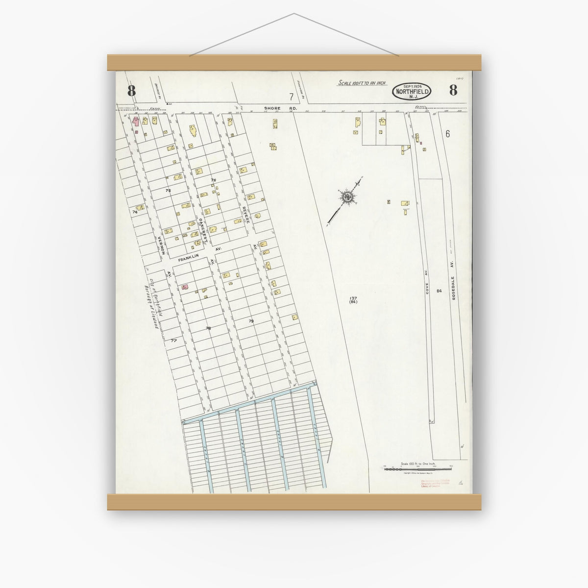 Old map wall art mockup — magnetic wood frame on white wall — Sanborn Fire Insurance Map from Northfield, Atlantic County, New Jersey (1924), Sheet #0008