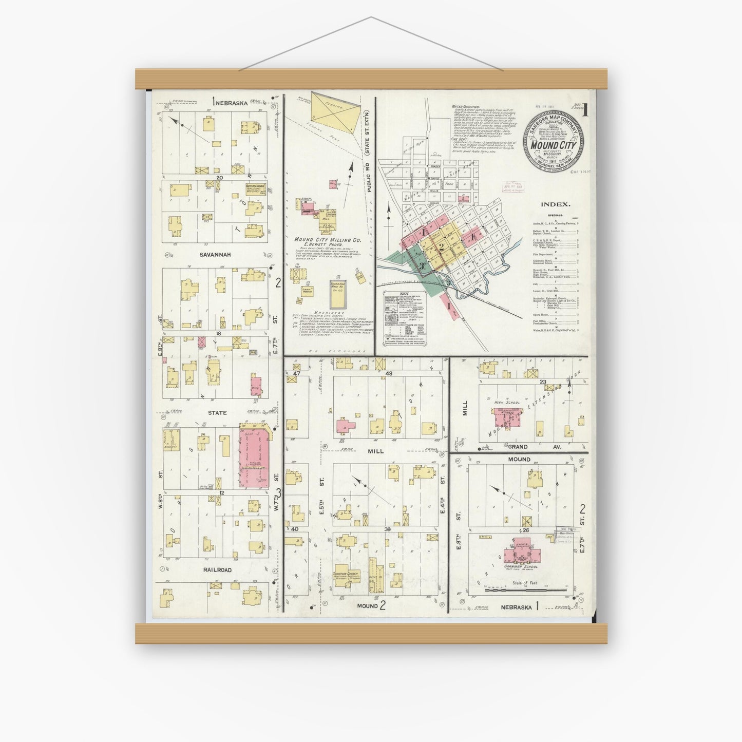 Old map wall art mockup — magnetic wood frame on white wall — Sanborn Fire Insurance Map from Mound City, Holt County, Missouri (1911) - Complete Map Set