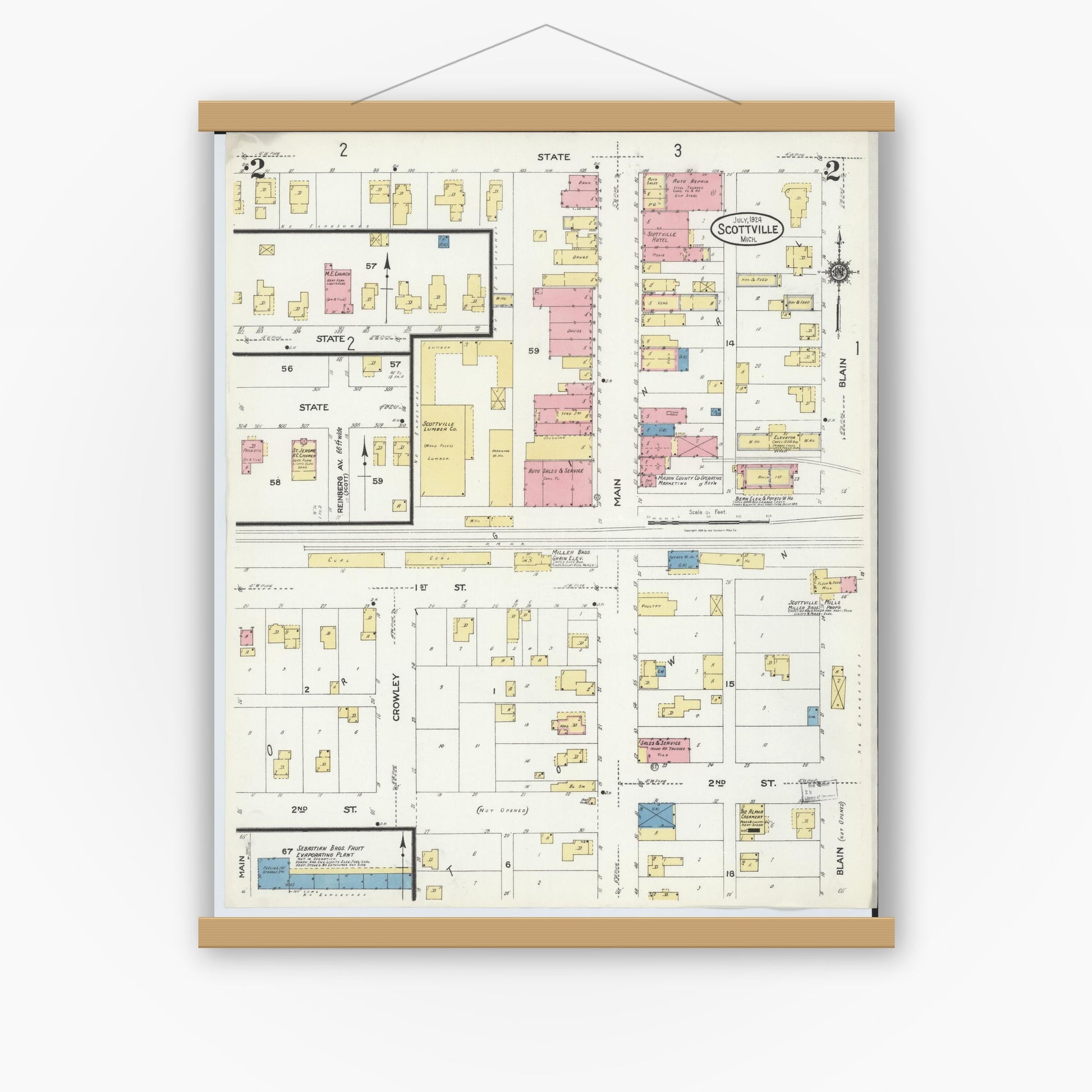 Old map wall art mockup — magnetic wood frame on white wall — Sanborn Fire Insurance Map from Scottville, Mason County, Michigan (1924), Sheet #0002