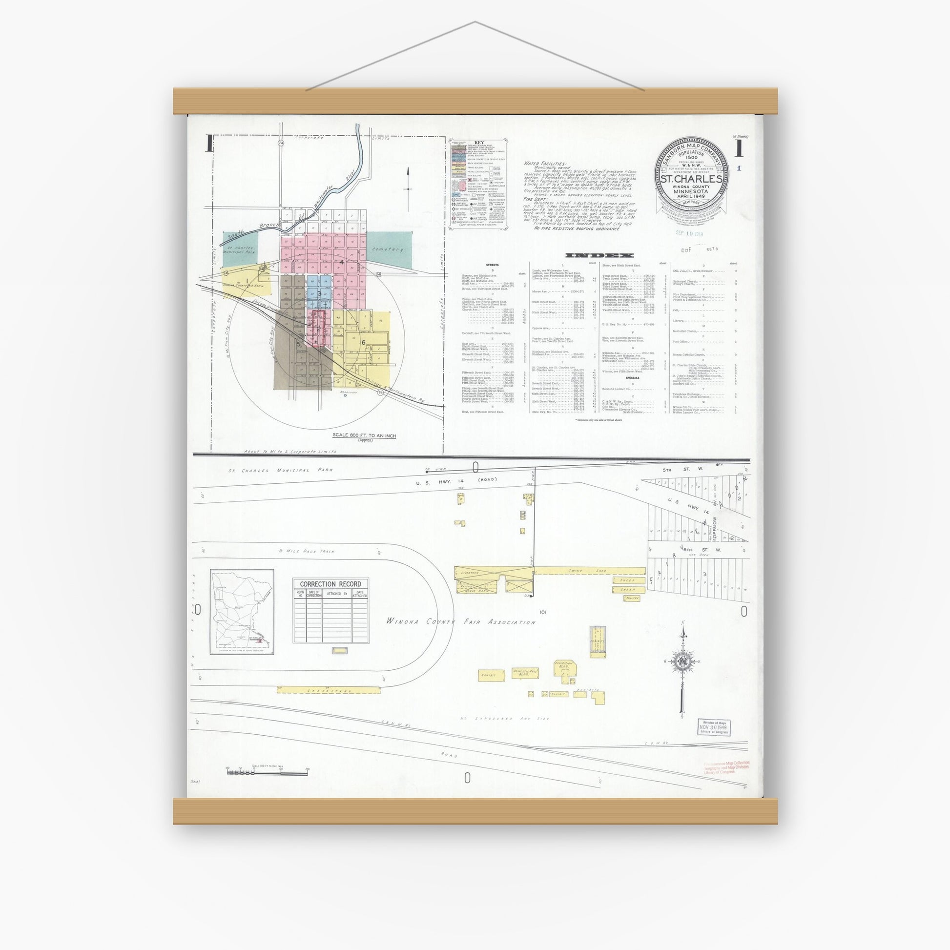 Old map wall art mockup — magnetic wood frame on white wall — Sanborn Fire Insurance Map from Saint Charles, Winona County, Minnesota (1949) - Complete Map Set