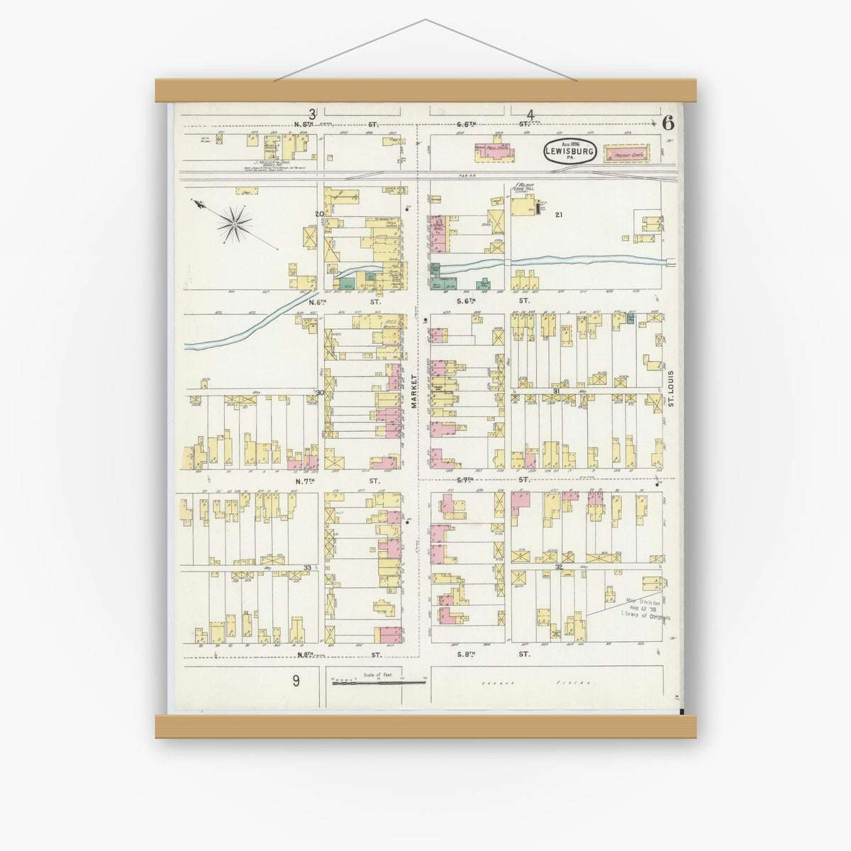 Old map wall art mockup — magnetic wood frame on white wall — Sanborn Fire Insurance Map from Lewisburg, Union County, Pennsylvania (1896), Sheet #0006