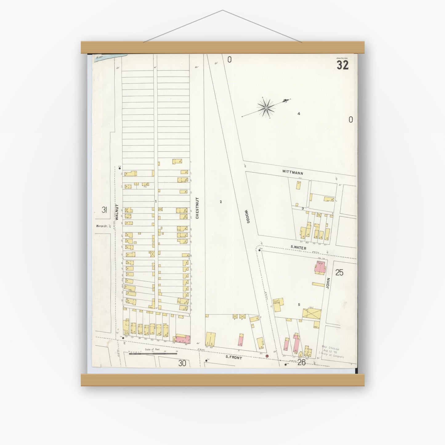 Old map wall art mockup — magnetic wood frame on white wall — Sanborn Fire Insurance Map from Hamilton, Butler County, Ohio (1899), Sheet #0032