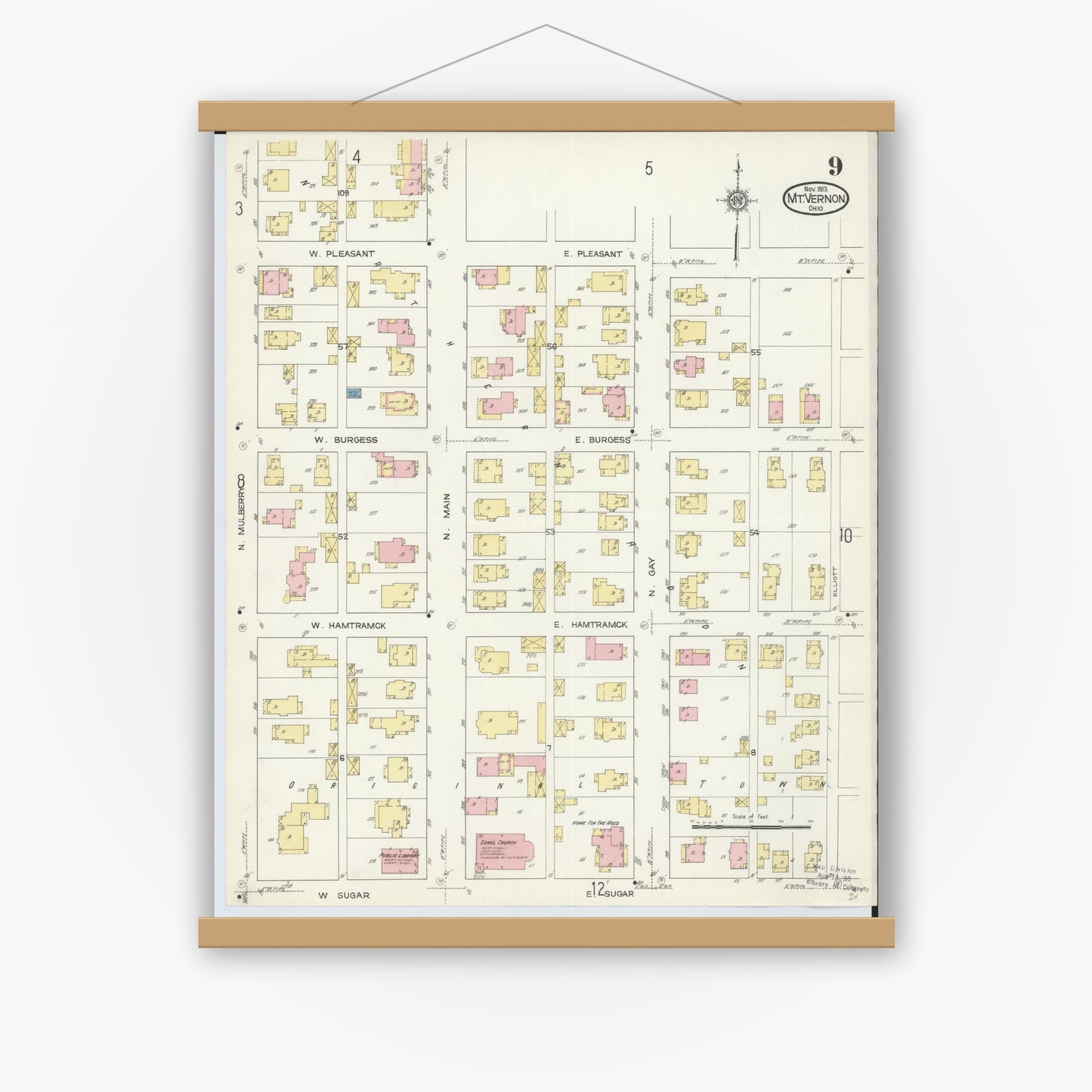 Old map wall art mockup — magnetic wood frame on white wall — Sanborn Fire Insurance Map from Mount Vernon, Knox County, Ohio (1913), Sheet #0009