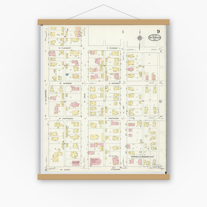 Old map wall art mockup — magnetic wood frame on white wall — Sanborn Fire Insurance Map from Mount Vernon, Knox County, Ohio (1913), Sheet #0009