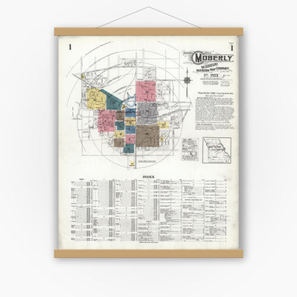 Old map wall art mockup — magnetic wood frame on white wall — Sanborn Fire Insurance Map from Moberly, Randolph County, Missouri (1923) - Complete Map Set